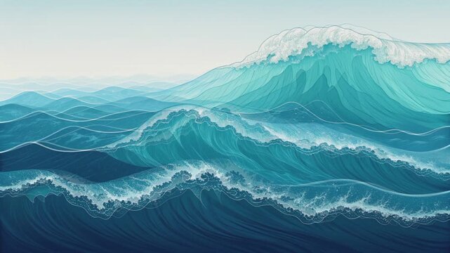 Ocean Waves: A mesmerizing display of oceanic power, with layers of turquoise and indigo hues, portraying the raw force and beauty of the sea.
