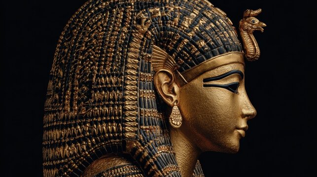 A beautifully sculpted classical marble statue depicting the serene face of a woman with a large intricately detailed snake coiled upon her head like a crown or headdress - Powered by Adobe