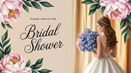 Bridal Shower Invitation Elegant bride holding bouquet at bridal shower with floral decor