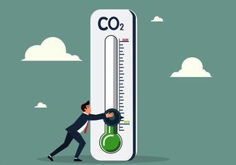 flat llustration of Man turning gauge arrow pointer to lowest level of CO2.  emission.
