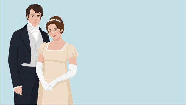 A regency era couple standing inspire by Pride and prejudice novel