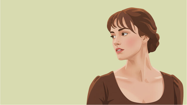 A portrait of a beautiful, smiling regency woman with elegant makeup, showcasing her blonde hair and captivating eyes inspire by Pride and Prejudice Jane Austen Novel