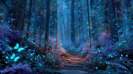 A mystical forest path bathed in ethereal blue light