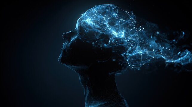 Mindscape: A digital depiction of a human silhouette dissolving into an intricate network of radiant blue light, symbolizing the complexities of thought, innovation and imagination.