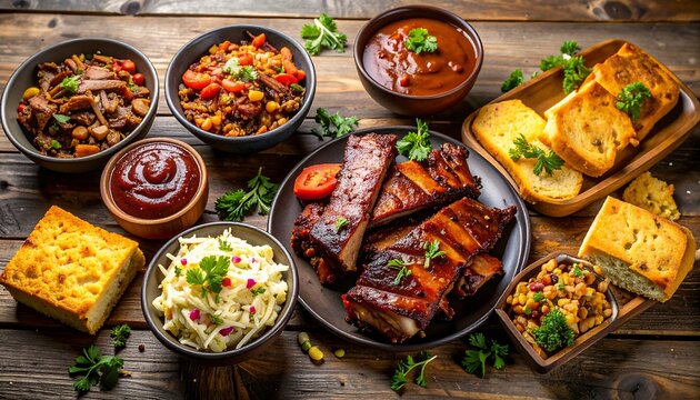 BBQ feast on rustic wood