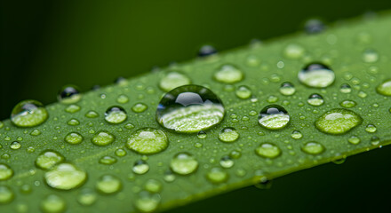 Vibrant green leaf covered in crystal clear water drops, natural freshness after rain.