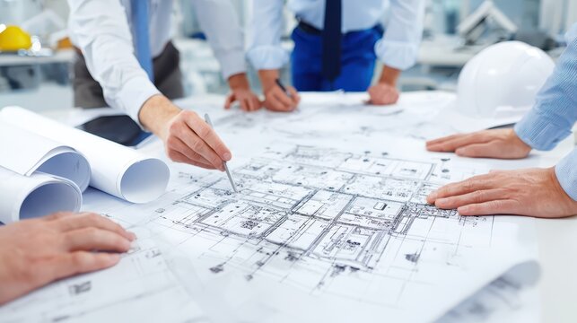 A dedicated team of professionals including architects and engineers gathered around a large table meticulously examining and collaborating on a detailed architectural blueprint