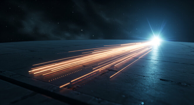 Futuristic digital data light trails on abstract sci-fi platform under starry night sky. - Powered by Adobe