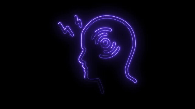 Neon head silhouette with lightning and radio wave signals animated on black
