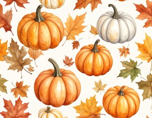 Colorful pumpkins with autumn leaves background.