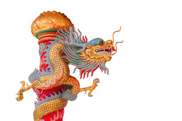 Chinese golden dragon, god religion, on a red pillar, separated from the background, backdrop