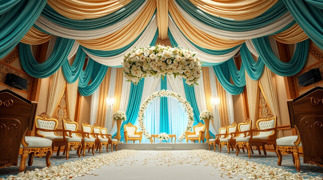 A grand wedding celebration stage with luxurious turquoise and cream drapery cascading down from the ceiling, ornate golden-white seating adorned with intricate carvings, and a majestic arch of fresh 