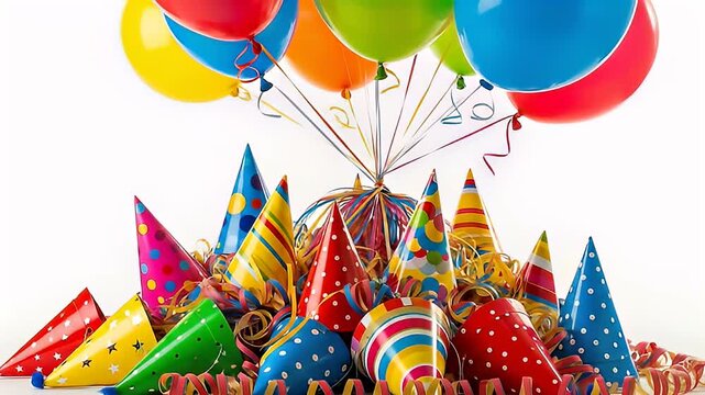 Colorful party balloons hover above a pile of festive hats and curling streamers