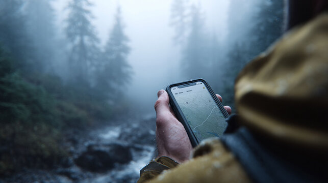 Navigating a misty forest with a smartphone displaying a topographic map. Exploration, adventure, and technology blend. Illustrates guidance, selfreliance, journey, and modern outdoor pursuits.