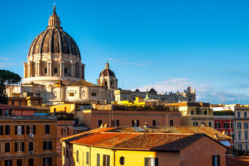St. Peter&rsquo;s Dome and Rooftops of Rome at Sunset