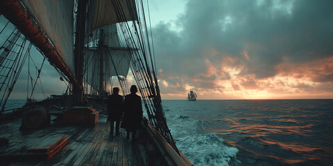Sailing into the sunset aboard a tall ship with two figures on deck