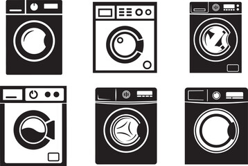 Washing machine vector icons set, laundry appliance silhouette illustration, household equipment design