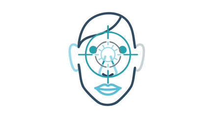 Conceptual representation of focus, precision, and target achievement with a minimalist human face and targeting reticle in teal and blue tones