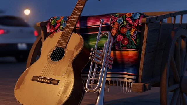 Guitar and trumpet rest on a colorful blanket in a rustic wooden cart outdoors at night