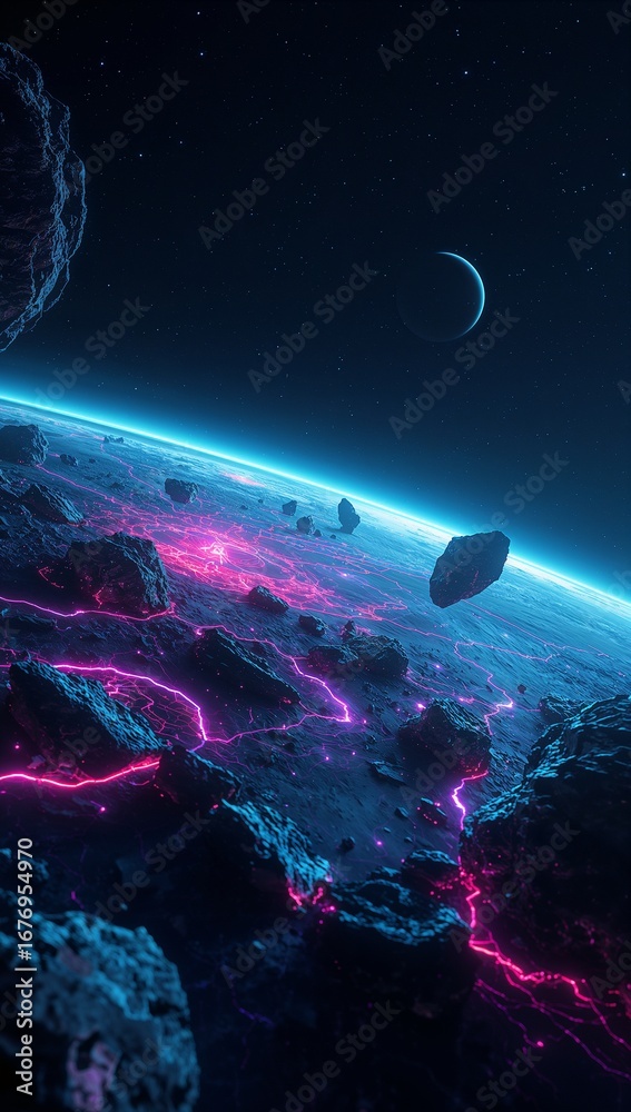 Wall mural futuristic neon glowing asteroid belts visualizing data flows across ai driven interstellar environm