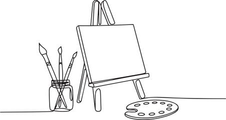 Continuous one line drawing of canvas palette and paintbrushes in jar in minimalist vector illustration style