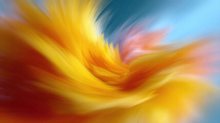 Abstract swirling explosion of vivid yellow and orange hues against a soft blue background. Dynamic, energetic, perfect for backgrounds, graphics, or concepts.