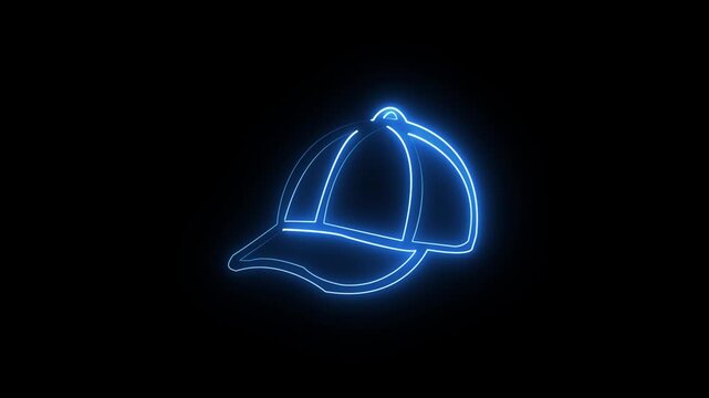 Glowing purple neon baseball cap icon isolated on black background futuristic symbol vibrant light design 4k animation video.