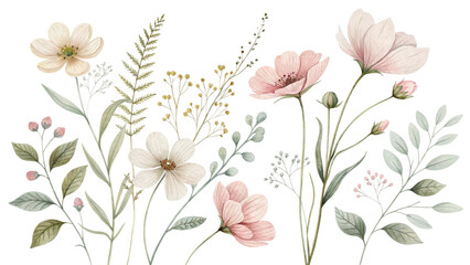 Watercolor wildflower floral set – beige, ivory, dusty pink flowers with sage green leaves, minimal modern botanical illustration, clipart isolated on white.
