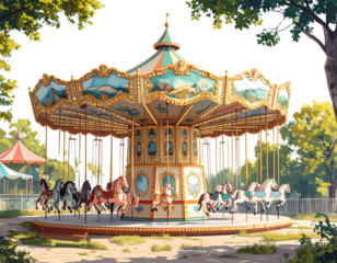  Vintage carousel rides at amusement park with colorful designs, PNG bundle collection (3)