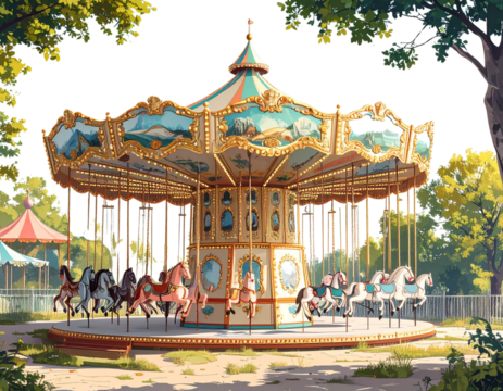  Vintage carousel rides at amusement park with colorful designs, PNG bundle collection (3)