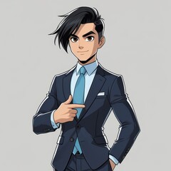 The image features a male character wearing a dark suit, light blue shirt and tie, standing confidently with one hand on his hip and the other on his chest.