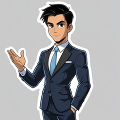 The image features a male character wearing a dark suit, light blue shirt and tie, standing confidently with one hand on his hip and the other on his chest.