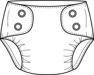 Reusable cloth diaper, eco-friendly baby product, black and white line drawing, snap buttons, elastic leg openings, vector illustration,
