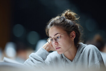 A young woman wearing glasses, lost in thought. Study, learning, or contemplation concept. Suitable for educational or introspective themes. Authentic, relatable image.