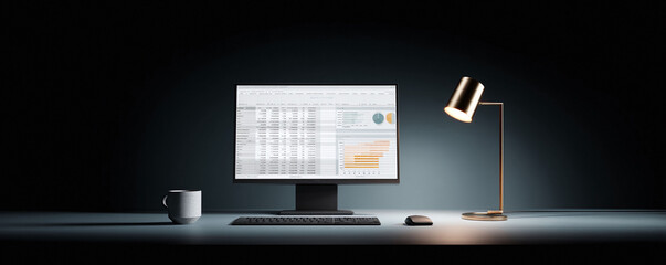 Modern workspace illuminated. Computer screen displays data, charts, and graphs. Ideal for business, finance, analytics, technology, or remote work concepts.