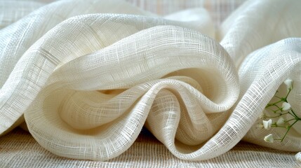 Close up of light cream linen fabric texture showcasing intricate details and soft appearance
