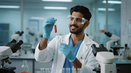 Scientist examining a test tube in a laboratory setting