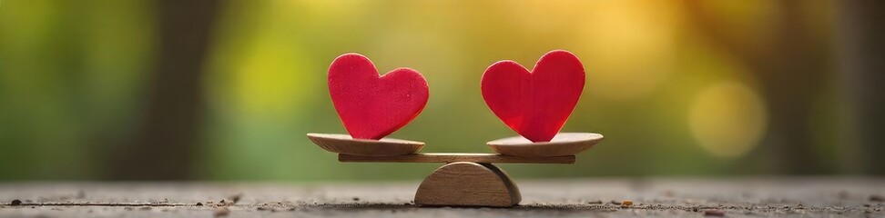 A happy couple enjoys a balanced and equal relationship, symbolized by perfectly balanced scales with hearts on each side, representing mutual respect and effort , communication, peace