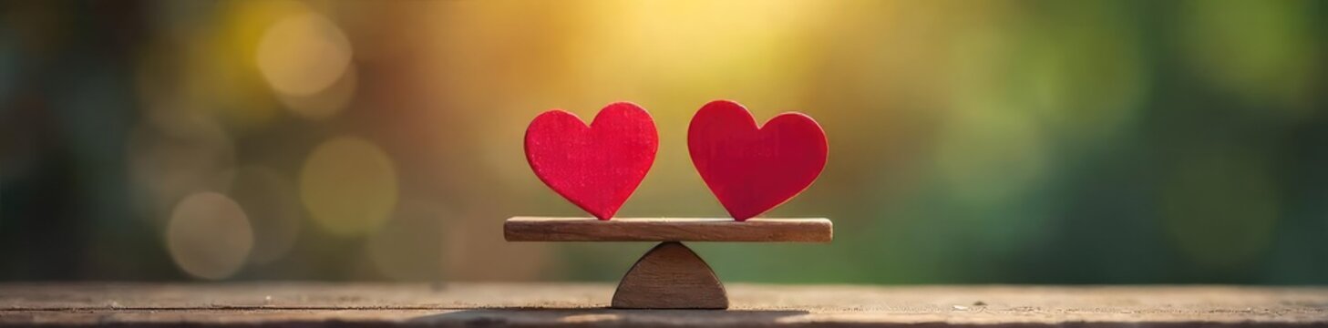 A happy couple enjoys a balanced and equal relationship, symbolized by perfectly balanced scales with hearts on each side, representing mutual respect and effort , effort, fulfilling
