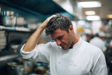 Stressed chef clutching his head in commercial kitchen. Represents pressure, burnout, deadlines. Use for articles, blogs, ads related to hospitality, mental health.