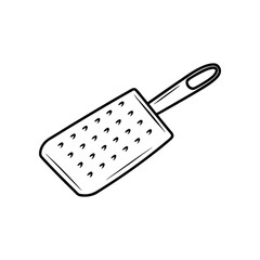 Grater: A simple illustration of a cheese grater, a kitchen utensil for grating ingredients with a handle for ease of use.