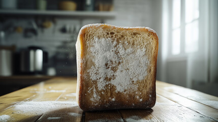 Close up of slice of toasted bread with powdered sugar sprinkled on top, placed on wooden table in softly lit kitchen, creating warm and cozy atmosphere