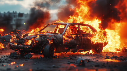 Burning car engulfed in intense flames and thick black smoke on street, creating dramatic and destructive scene with glowing embers and charred metal