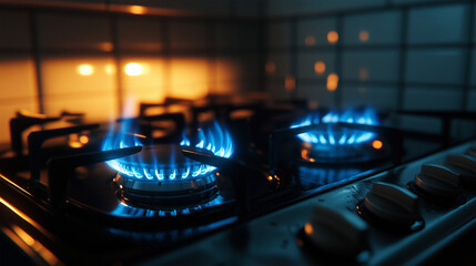 Blue gas flame burning on modern kitchen stove burner with dark background and warm light reflection creating cozy atmosphere