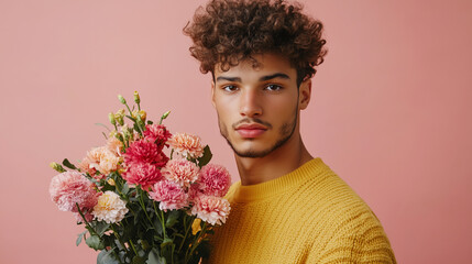 Young man with curly hair wearing yellow sweater holds vibrant bouquet of pink and peach flowers against soft pink background, creating warm and gentle atmosphere