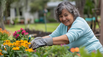 Elderly woman with gray hair wearing gloves and light blue shirt happily gardening outdoors surrounded by colorful flowers in green garden setting