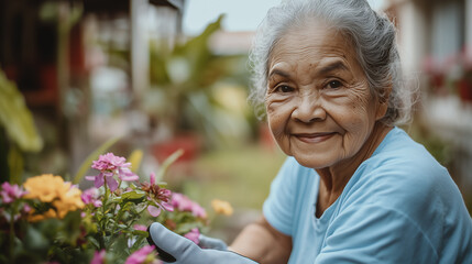 Elderly woman with gray hair smiles gently while tending to colorful flowers in garden, surrounded by greenery and peaceful outdoor setting