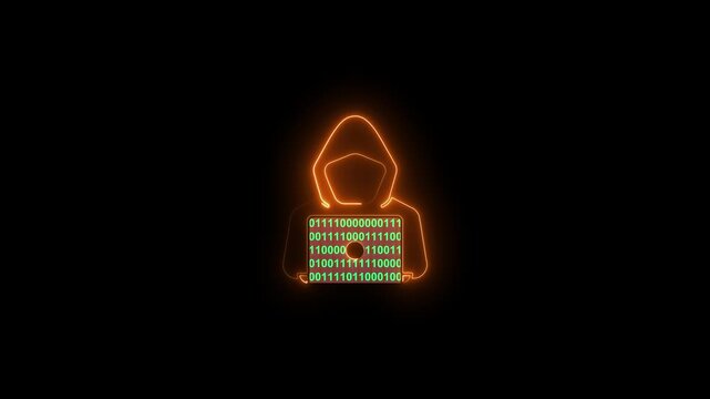Neon hacker icon with laptop binary code on black background. representing cybercrime technology and digital security concepts, Glowing neon Hacker Cybercriminal icon animation