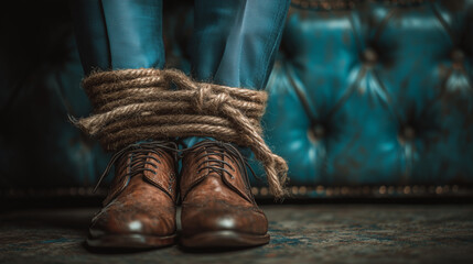 Tied feet in brown leather shoes with rope around ankles on floor in front of blue leather couch, creating tense and dramatic atmosphere