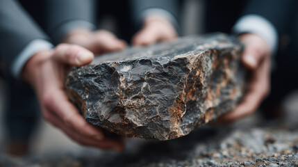 Close up of person holding large rough black rock with textured surface, showing natural mineral details and earthy tones in focused and careful manner